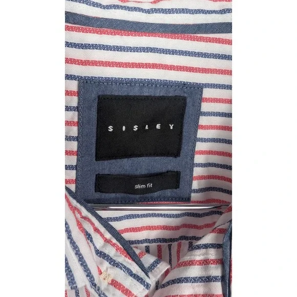 SISLEY Mens Slim Fit Red Blue Striped Button Down Long Sleeve Shirt Size 16 1/2 - Picture 4 of 8